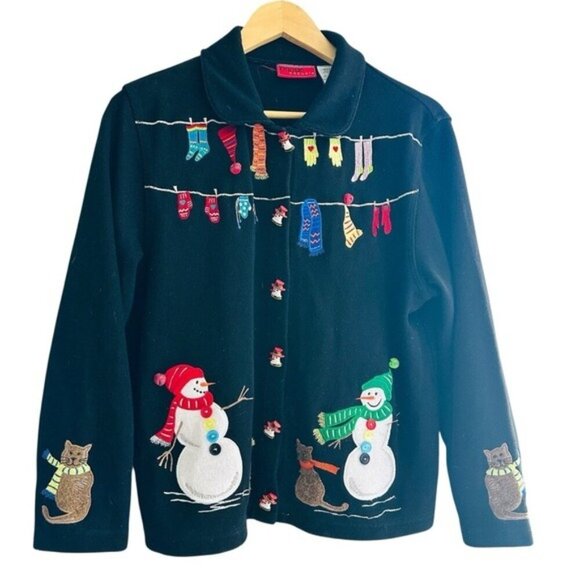 VTG Onque Casuals Womens Christmas Cardigan Sweater Large Snowman Cats Grandma - Picture 1 of 8